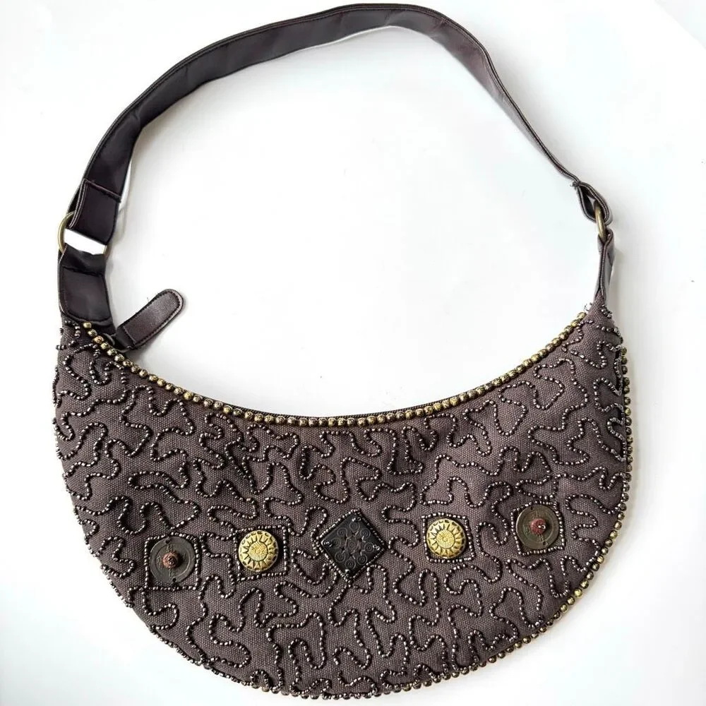 Vintage Beaded Made In India Brown Crescent Mini Shoulder Bag Party Purse Zipper